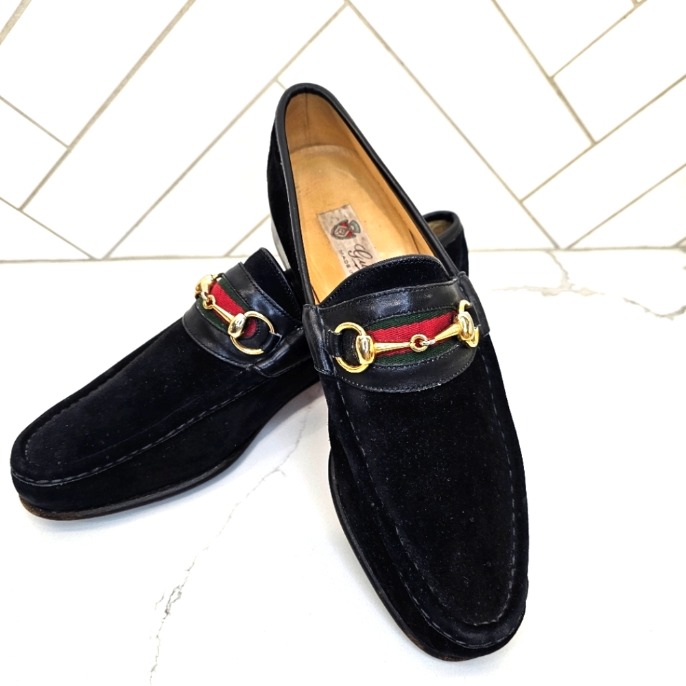 Gucci Black Velvet & Leather Horsebit Loafers with Red & Green Web